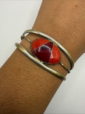 Vintage Gold Tone Alpaca Mexico Red Large Cuff Bangle Statement Bracelet
